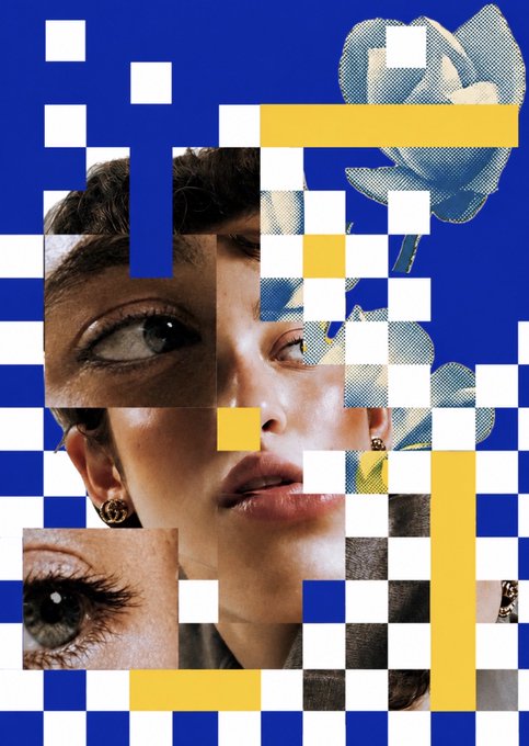 A pixelated, glitch-art style collage featuring close-up cropped eyes and a face with a blue rose, overlaid with blue, white, and yellow checkered patterns.