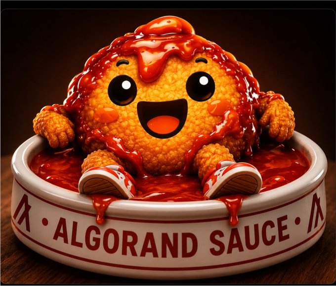 A cute, cartoonish orange ball of food covered in red sauce sits in a white bowl labeled 'ALGORAND SAUCE', featuring large expressive eyes and a wide smile.