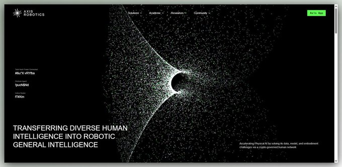 The Axis Robotics website displays the text 'TRANSFERRING DIVERSE HUMAN INTELLIGENCE INTO ROBOTIC GENERAL INTELLIGENCE' next to a black hole-like graphic.