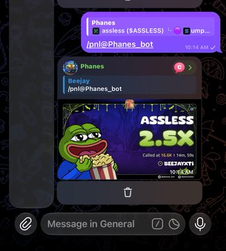 A Telegram chat screenshot showing a message from /pni@Phanes_bot with an image of a Pepe the Frog character eating popcorn alongside the text 'ASSLESS 2.5X' and '10/15 XM'.