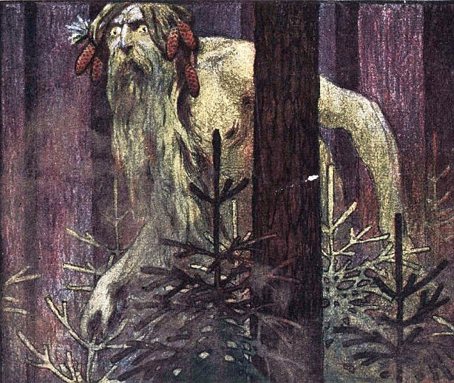 A bearded forest spirit with pine cones in his hair peers from behind a dark tree trunk in a moody woodland scene, fitting the post's theme of hidden, underlying forces at play in the Index Finance update—suggesting that something significant (the contract-side changes and treasury migration) lurks beneath the surface of the seemingly routine announcement.