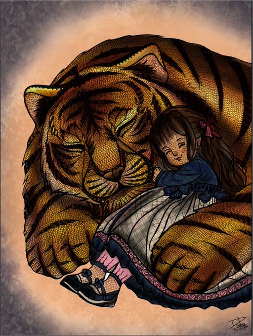 An illustration depicts a large tiger resting peacefully with a young girl in a blue dress and white petticoat leaning against its side.