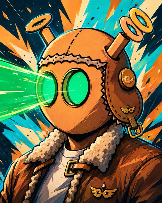 A colorful illustrated character wears a copper-colored mechanical helmet with glowing green eyes, mounted with wind-up keys on top, and a brown jacket with a fur collar against an explosive background.