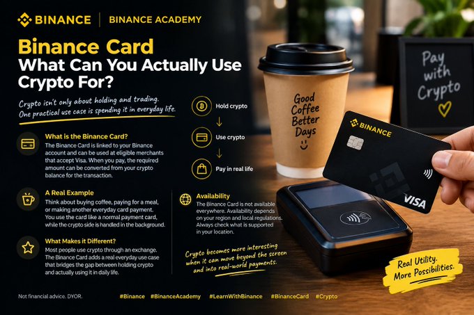 A Binance Academy infographic titled "Binance Card: What Can You Actually Use Crypto For?" showing a hand holding a black Visa card next to a coffee cup and payment terminal, with hashtags #Binance #BinanceAcademy #ILearnWithBinance #BinanceCard #Crypto at the bottom.