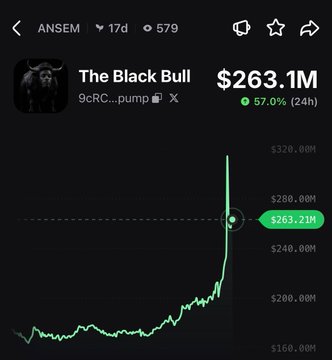 A cryptocurrency tracker displays "The Black Bull" (ticker 9cRC..pump) with a market cap of $263.1M, showing a 57.0% gain over 24 hours and a sharply rising price chart on the ANSEM platform. The image visually supports the post's announcement of ANSEM reaching a new all-time high of $314M, illustrating the rapid upward momentum that drove the market cap surge beyond the $263.1M shown.