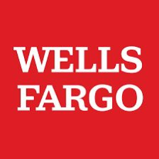 The classic red square logo for Wells Fargo with white serif text.