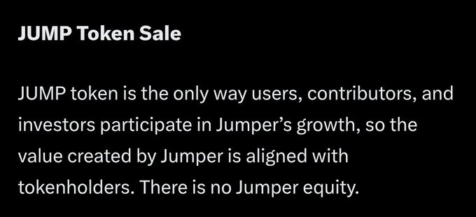 Text slide titled 'JUMP Token Sale' explaining that the JUMP token is the only way users, contributors, and investors participate in Jumper's growth, with no Jumper equity.