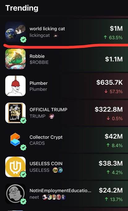 The image shows a "Trending" cryptocurrency list with "world licking cat" ($lickingcat) at the top, displaying a $1M market cap with a 63.5% increase, highlighted by a red underline. This directly relates to the accompanying post promoting the $lickingcat token, ranking it as the #1 trending coin on the platform.