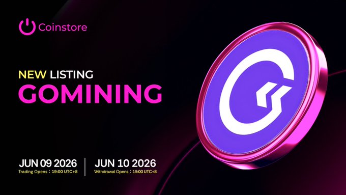 The image features a purple coin with an arrow pointing towards it, which is the main focus of the image. The background of the image is black, making the purple coin stand out prominently. Below the coin, there are two lines of text that read "New listing GOMINING" and "Jun 09 2026". These details provide context about a potential listing or event related to the coin.