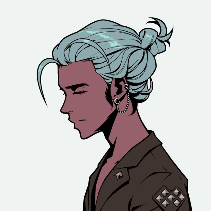 A side-profile illustration of a woman with light blue hair in a bun, dark skin, pearl earrings, and a studded black jacket.