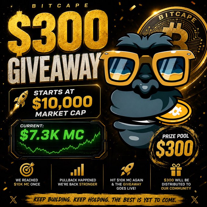 A promotional graphic for a 'BITCAPE $300 GIVEAWAY' featuring a cartoon gorilla with sunglasses, noting the giveaway starts at a $10,000 market cap and current market cap of $7.3K.