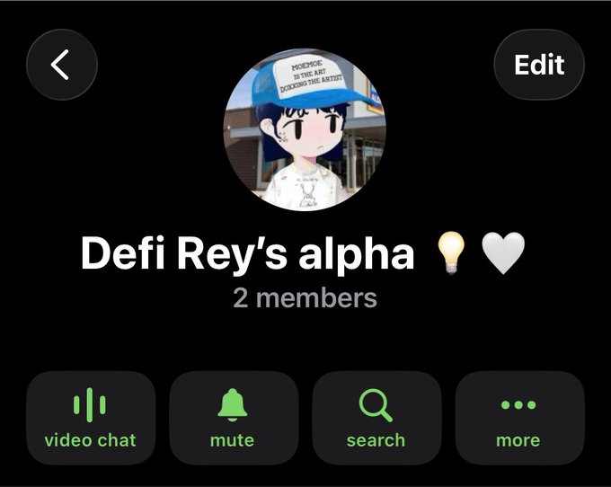 The image shows a Telegram group chat titled "Defi Rey's alpha 💡🤍" with 2 members, featuring a profile picture of a cartoon character wearing a cap that reads "NODEMON IS THE ART BOXING THE ARTIST." It corresponds to the post announcing a newly created Telegram group for sharing crypto alphas and connecting with like-minded individuals.