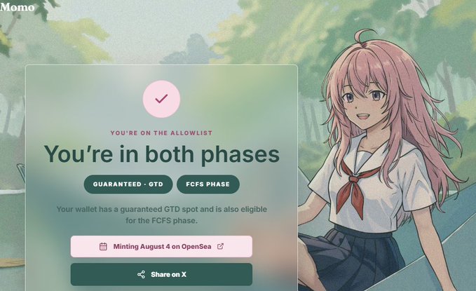 A digital interface for an NFT mint called 'Momo' displays a confirmation that the user is on the allowlist and 'You're in both phases' (Guaranteed - GTD and FCFS Phase), featuring an anime-style pink-haired girl with minting scheduled for August 4 on OpenSea.