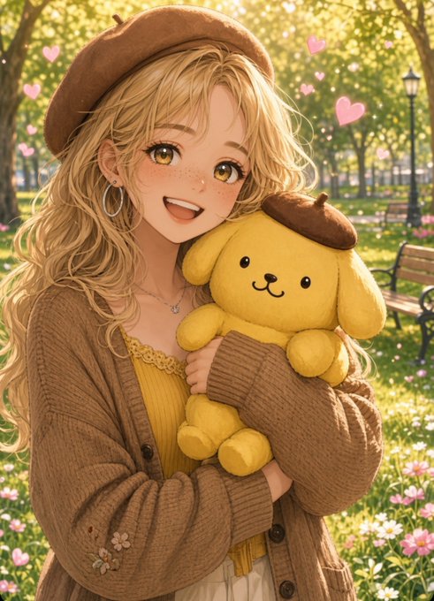 An anime-style illustration of a smiling blonde girl wearing a brown beret and cardigan, hugging a yellow Pompompurin-style plush toy in a sunny park.