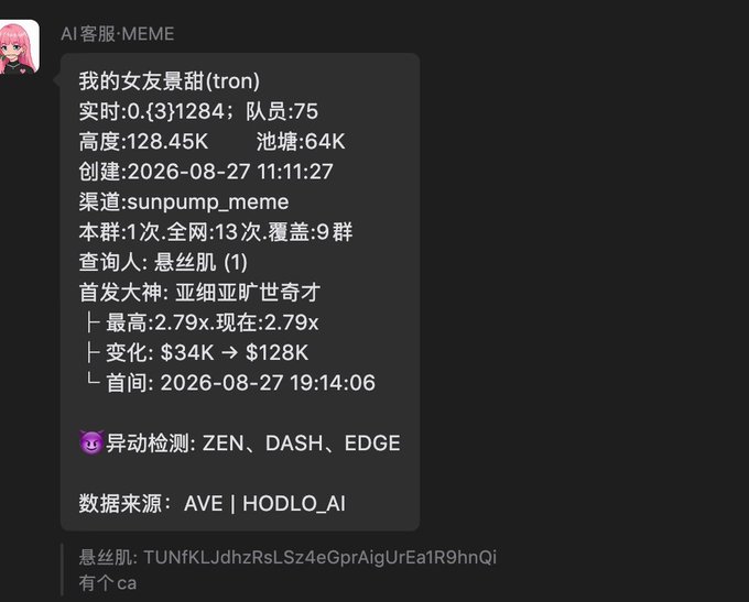 A Chinese AI chatbot MEME interface displaying meme coin data for '我的女友景甜 (tron)' with 128.45K market cap, created on 2026-08-27, showing a 2.79x gain from $34K to $128K.