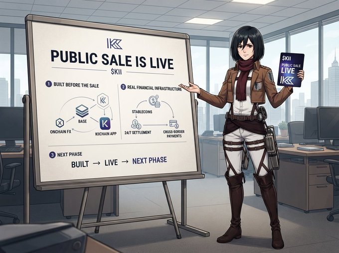 An anime-style illustration of a female character in a brown jacket presenting a whiteboard detailing a 'PUBLIC SALE IS LIVE' for 'SKII', showing phases including 'BUILT BEFORE THE SALE' and 'REAL FINANCIAL INFRASTRUCTURE'.