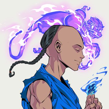 An anime-style illustration of a young bald character with a long braid in a blue tunic, shown in profile with a glowing purple spirit creature behind them.