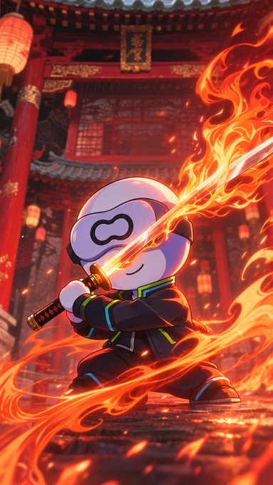 A stylized digital illustration depicts a cute, helmeted character wielding a flaming sword in front of a traditional Japanese temple building with red columns and glowing lanterns.