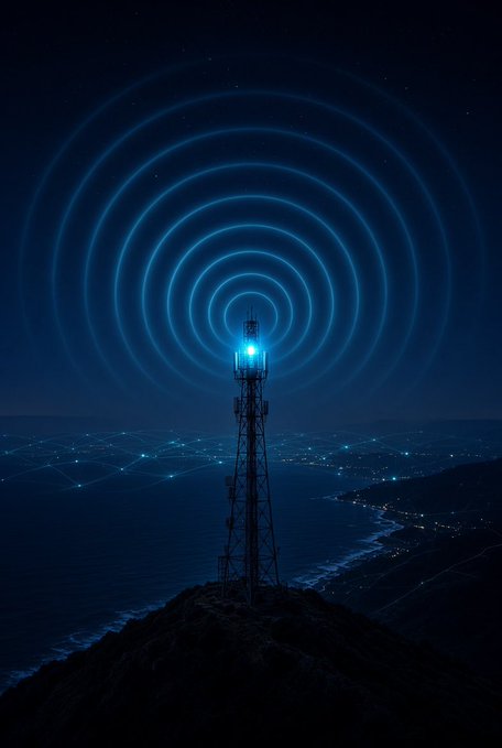 A telecommunications tower broadcasting blue radio waves over a coastal night scene with city network nodes connecting across the ocean.