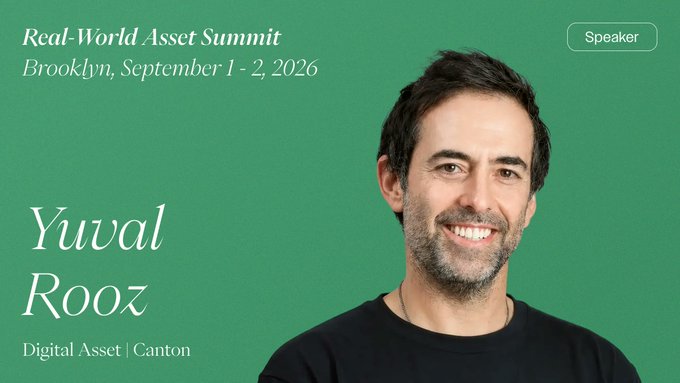 A speaker promotional card for the Real-World Asset Summit in Brooklyn (September 1-2, 2026) featuring Yuval Rooz from Digital Asset / Canton, with his photo on a green background.