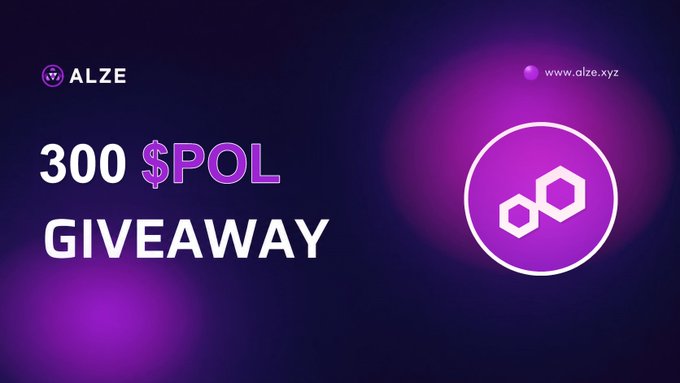 A purple promotional banner for ALZE announcing a '300 $POL GIVEAWAY' with the website www.alze.xyz and the Polygon logo displayed.