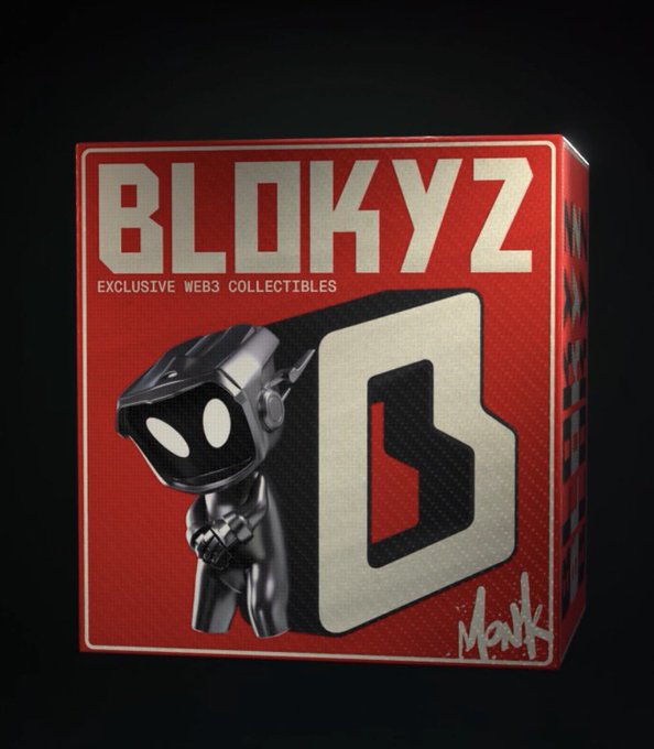 A red box labeled 'BLOKYZ EXCLUSIVE WEB3 COLLECTIBLES' featuring a black robot figure with glowing white eyes and a stylized 'B' logo, signed 'Monk' at the bottom.