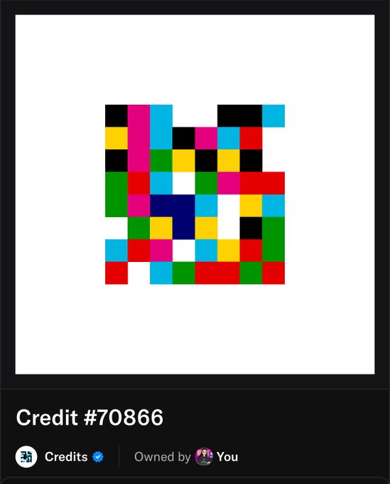 A digital asset displays a pixelated multicolored pattern with the label 'Credit #70866' indicating it is owned by 'You'.