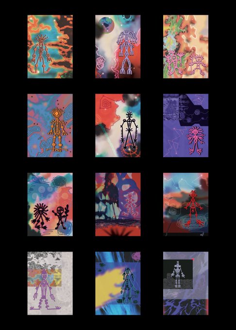 A grid of twelve colorful digital art pieces featuring stylized human-like figures in various poses, each set against abstract, vibrant backgrounds with hues of orange, blue, purple, and red.