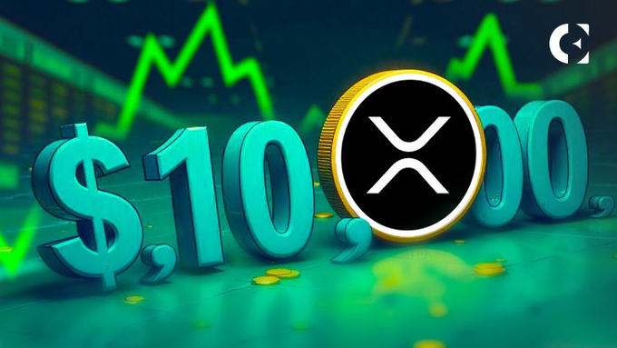A 3D graphic displays "$10,000" in teal text with an XRP coin replacing the zeros, set against a green chart background, visually representing the "$35,000 XRP GIVEAWAY" advertised in the post.