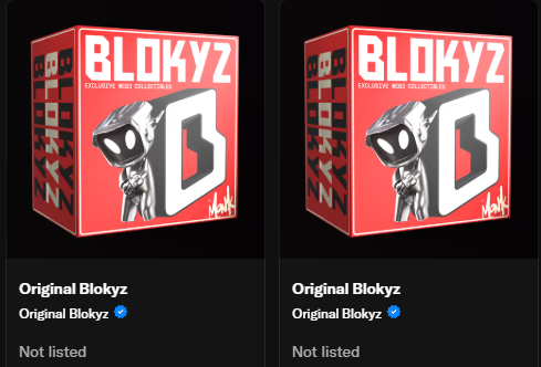 Two unlisted 'Original Blokyz' NFT collectibles displayed in red box packaging, branded as 'BLOKYZ EXCLUSIVE MINTS COLLECTIBLES'.