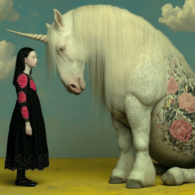 The image shows a young girl in an ornate black dress with pink roses standing face-to-face with a majestic, large white unicorn whose body is decorated with intricate floral patterns, set against a cloudy sky.

This fantastical scene perfectly complements the post's message of dreaming big—the mythical unicorn and the surreal encounter evoke the limitless wonder and ambition of chasing grand dreams beyond the ordinary.