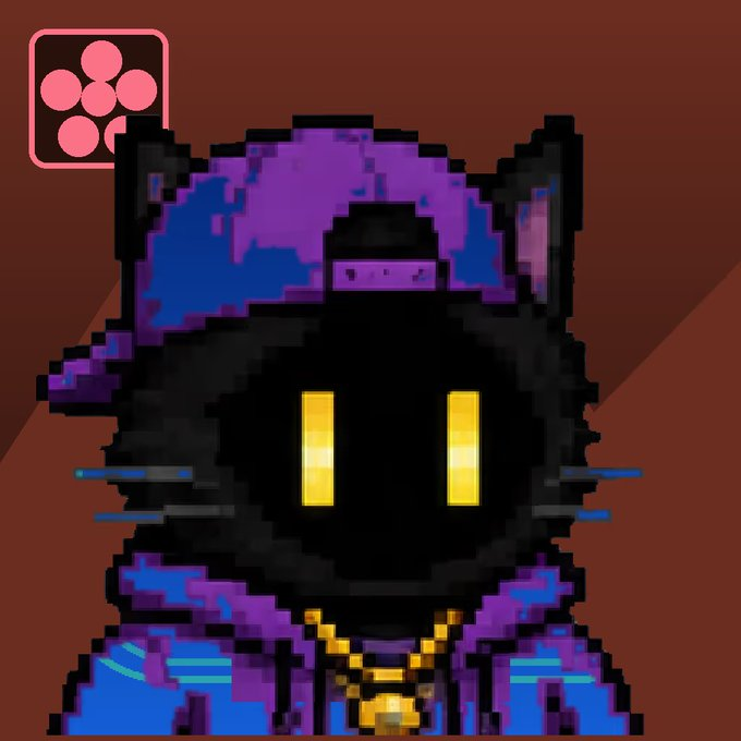 A pixel art character with a black face, glowing yellow eyes, and a purple and blue hooded jacket stands against a brown background with a pink circular icon in the corner.