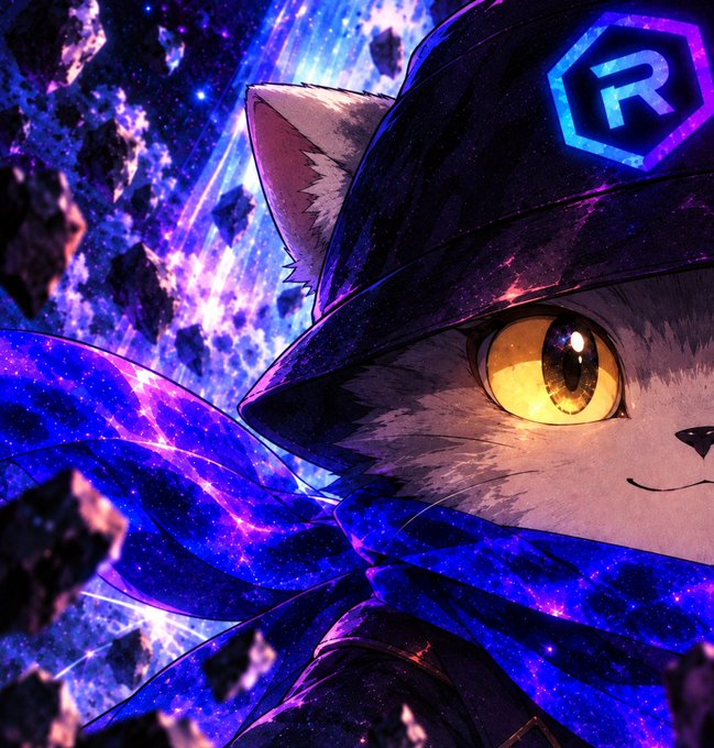 A vibrant digital illustration of a cat wearing a witch hat with a blue neon 'R' symbol, set against a cosmic purple and blue background with floating asteroids.