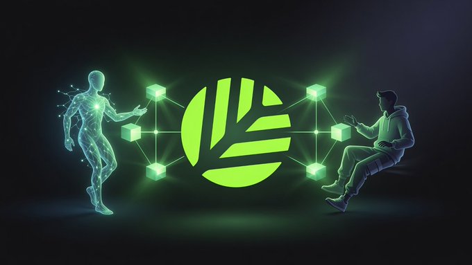 The image shows a green holographic AI figure on the left and a person on a laptop on the right, connected through a network of glowing green cubes surrounding a central logo, symbolizing the connection between AI and human developers working on blockchain technology. This visualizes the post's commentary about AI evaluating and simplifying blockchain code, highlighting how CNPY Network's clean template approach and familiar language make it accessible and decipherable compared to more obscure blockchain implementations.