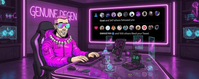 A vibrant neon-themed digital illustration of a pink character wearing sunglasses at a gaming/trading desk with a 'GENUNE DEGEN' neon sign and social media notifications on a screen.