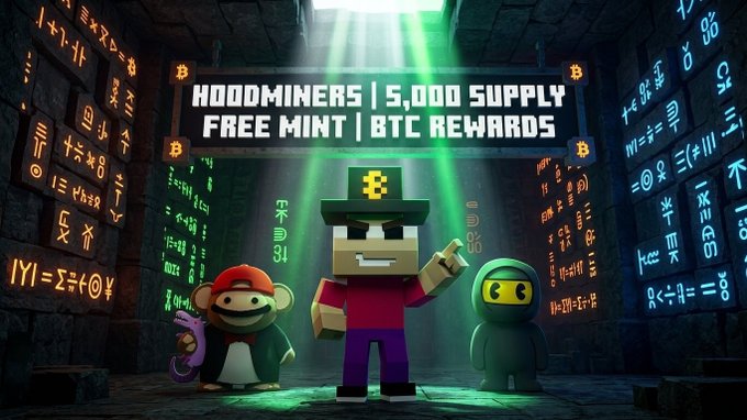 A promotional graphic for 'HOODMINERS' featuring three cartoon characters (a monkey, a blocky figure with Bitcoin on its hat, and a hooded character) in a glowing stone chamber covered in symbols, advertising '5,000 SUPPLY FREE MINT | BTC REWARDS'.