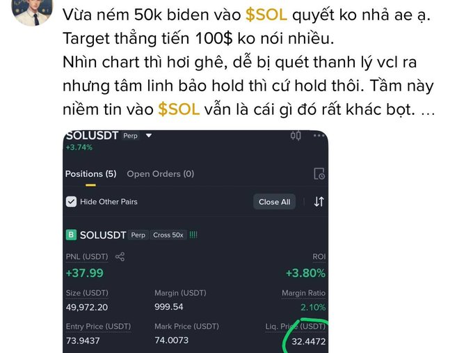 The image features a screenshot of a stock trading app with a price chart displayed prominently at the top. The text in the photo indicates that there are positions open at $37.89 (USDT), $3,872.21 (USDC), and $73.49 (ETH). In addition to these prices, there is a margin of 0.81%. The post also includes some text with foreign characters.