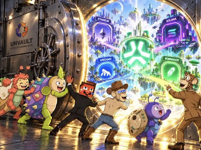 A colorful digital illustration featuring cartoon characters and mascots in front of a glowing vault labeled 'UNVAULT' and 'REVOLUTIONIZING NFTS,' with portals to 'ETHEREUM,' 'APECHAIN,' and 'ROBINHOOD.'