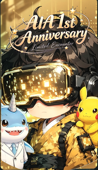 A promotional graphic for an 'AIA 1st Anniversary Limited Encounter' event featuring an anime-style character wearing reflective gold goggles and headphones, accompanied by a small narwhal and a Pikachu.