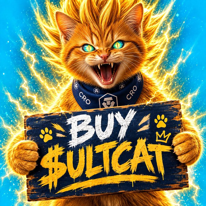 A fierce orange cat with glowing flame-like hair and a 'CRO' collar holds a wooden sign reading 'BUY $ULTCAT' surrounded by paw prints and a crown.