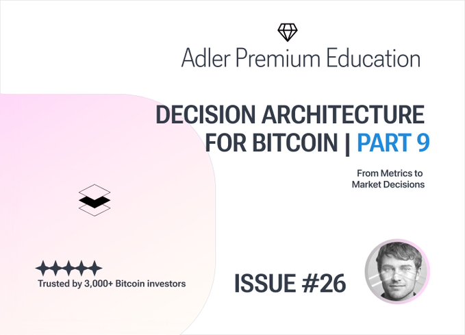 A promotional graphic for Adler Premium Education's "Decision Architecture for Bitcoin | Part 9: From Metrics to Market Decisions" (Issue #26), featuring a 5-star "Trusted by 3,000+ Bitcoin investors" badge alongside a photo of the male author. The design ties to the post's announcement of the series finale, covering how to translate market verdict into concrete action.