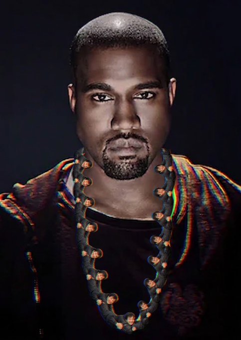 A stylized, high-contrast portrait shows a bearded man wearing a dark shirt and a distinctive thick chain necklace with glowing orange links against a black background.