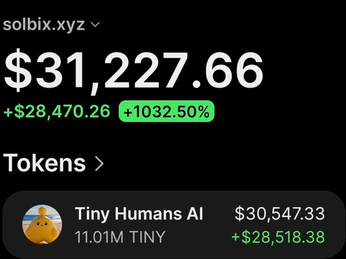 A screenshot of the solbix.xyz tracker shows a wallet valued at $31,227.66 with a +1032.50% gain, holding 11.01M Tiny Humans AI (TINY) tokens worth $30,547.33, illustrating the post's claim of turning a small investment into over $30,000 profit.