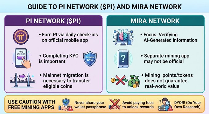 An infographic titled 'GUIDE TO PI NETWORK ($PI) AND MIRA NETWORK' comparing the two cryptocurrency networks, with warnings to 'USE CAUTION WITH FREE MINING APPS' and advice to 'Never share your wallet passphrase' and 'DYOR'.
