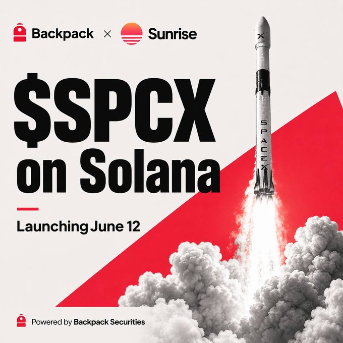 The image features a rocket launching into space, with the text "SpaceX is coming to Solana On June 12" written above it. The rocket is flying over a red background that says "Backpack x @Sunrise". Below the rocket, there are two lines of text in white and black colors, which read "$SPCX on Solana Launching June 12" and "Real ownership". The image also includes a logo for Backpackx.