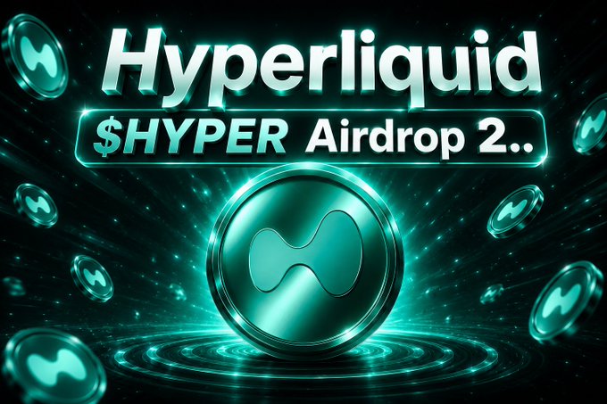 The image features a green coin with a blue logo, surrounded by numerous other coins scattered around it. The text "HYPERLiquid" is written above the coin, while "Airdrop 2." is below it. The background of the image is black and filled with floating coins in various colors, creating an impression that they are floating in mid-air. The overall scene suggests a promotional or marketing context for the Hyperliquid cryptocurrency project.