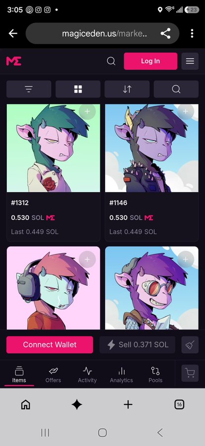 A screenshot of the Magic Eden NFT marketplace showing listings for #1312 and #1146, priced at 0.530 SOL each.