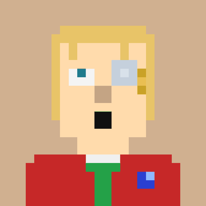 A blocky pixel-art portrait of a blonde man with a surprised expression, wearing a red jacket with a green tie and a blue name badge, set against a peach background—stylistically reminiscent of a Yuga Labs/CryptoPunks-style NFT avatar, tying into the post's reference to the "YUGA" era of early NFT development.
