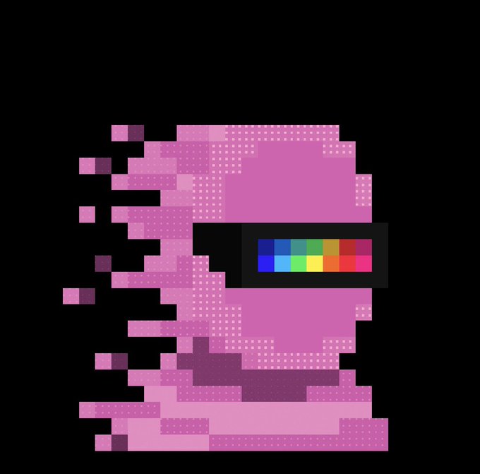 A pixel art illustration of a pink, glitchy figure wearing a colorful test pattern visor against a black background.