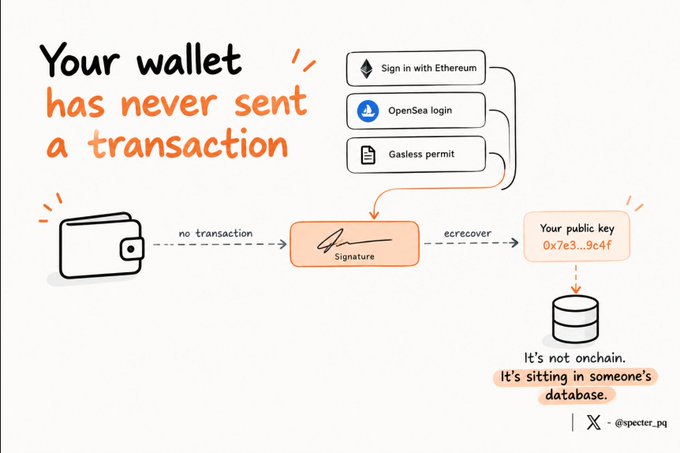 An infographic explaining how a wallet can authenticate transactions via Ethereum sign-in, OpenSea login, or gasless permits without on-chain transactions, by @specter_pq.